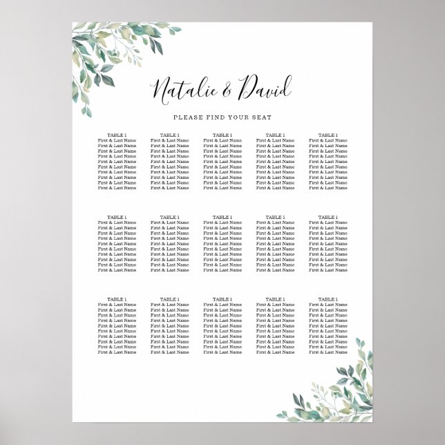 Affiche Elégant Eucalyptus Greenery Mariage Seating Chart (Devant)