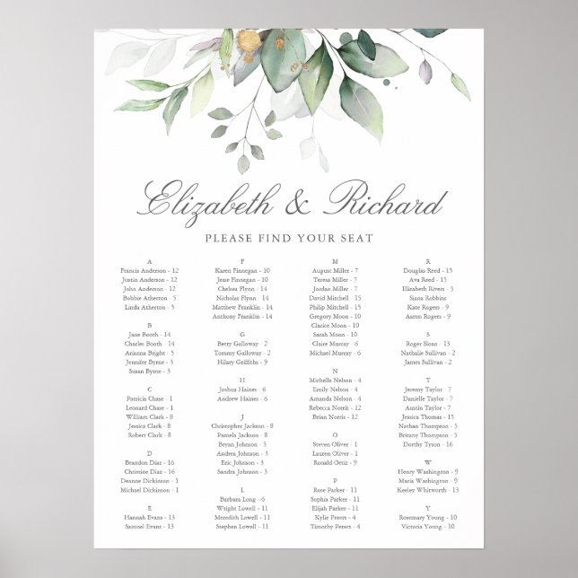Affiche Elégant Eucalyptus Greenery Mariage Seating Chart (Devant)