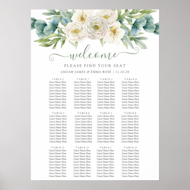 Affiche Elegant Eucalyptus Greenery Wedding Seating Chart (Devant)