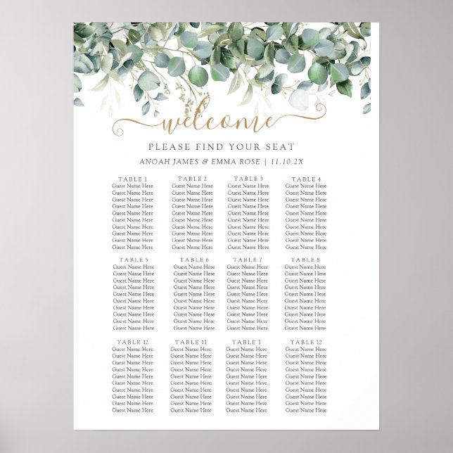 Affiche Elegant Eucalyptus Greenery Wedding Seating Chart (Devant)