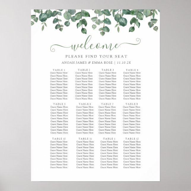 Affiche Elegant Eucalyptus Greenery Wedding Seating Chart (Devant)