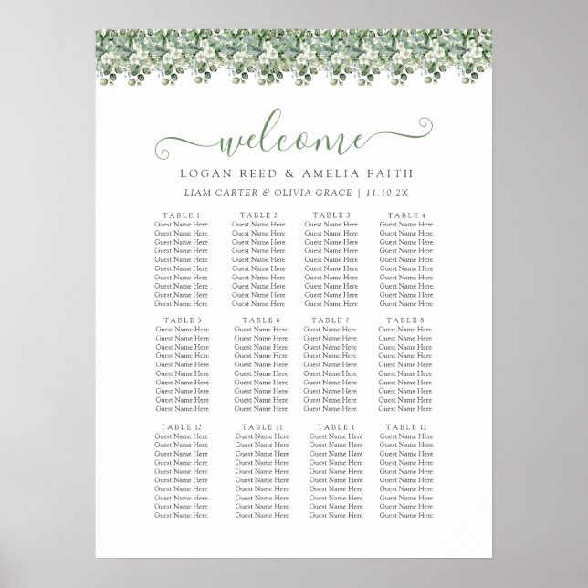 Affiche Elegant Eucalyptus Greenery Wedding Seating Chart (Devant)