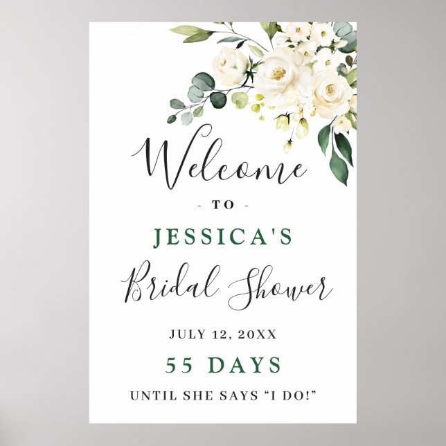 Affiche Elegant Eucalyptus Roses Blanches Baby Shower (Devant)