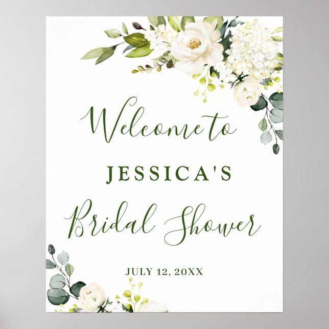 Affiche Elegant Eucalyptus Roses Blanches Baby Shower (Devant)