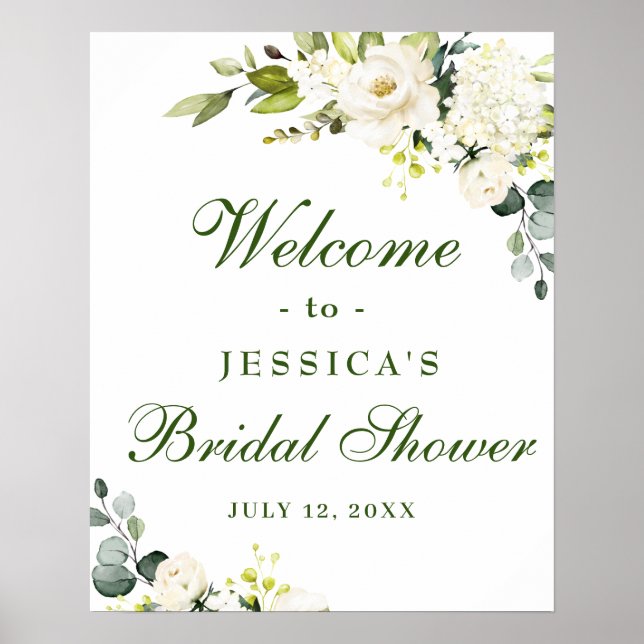 Affiche Elegant Eucalyptus Roses Blanches Baby Shower Nupt (Devant)