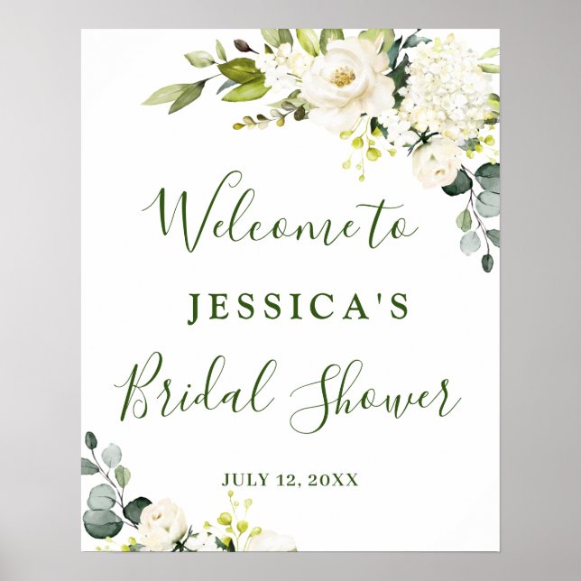 Affiche Elegant Eucalyptus Roses Blanches Baby Shower Nupt (Devant)