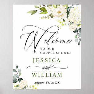 Affiche Élégant Eucalyptus Roses Blanches Mariage Douche