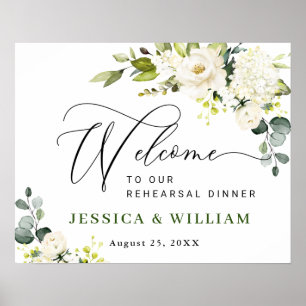 Affiche Elégant Eucalyptus Roses Blanches RÉPÉTITION DÎNER