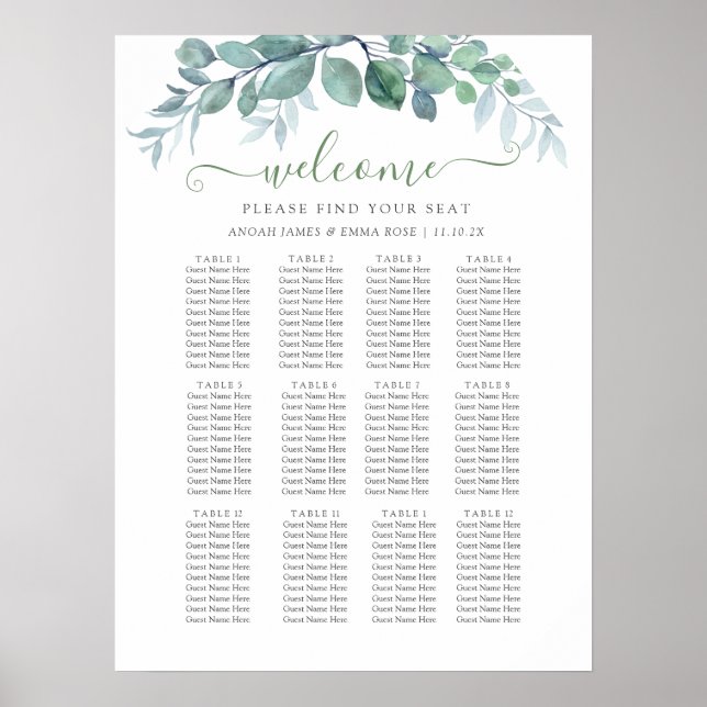 Affiche Elegant Eucalyptus Wedding Seating Chart (Devant)