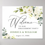 Affiche Elégant Eucalyptus White Roses ENGAGEMENT PARTI<br><div class="desc">Elégante Aquarelle Eucalyptus Affiche de bienvenue Mariage.</div>