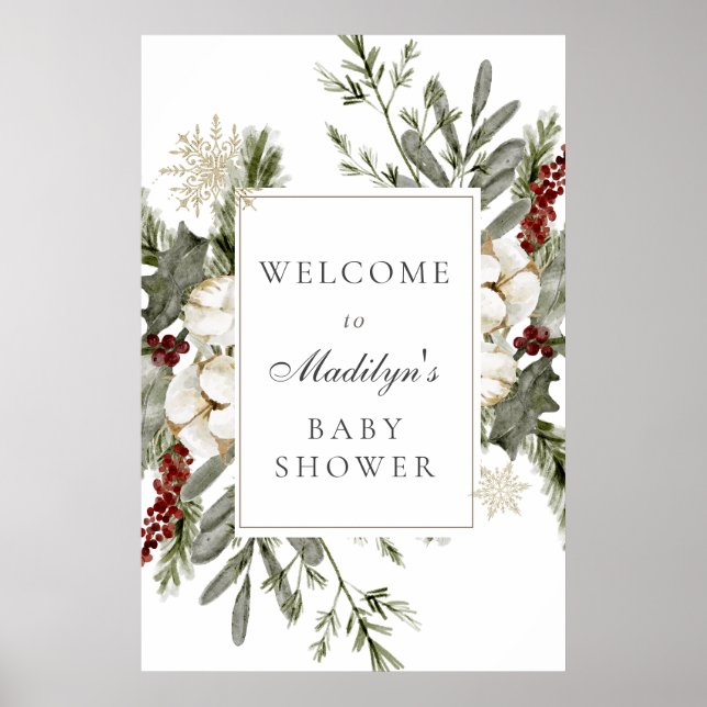 Affiche Elégant Evergreens et Florals d'hiver Baby Welcome (Devant)