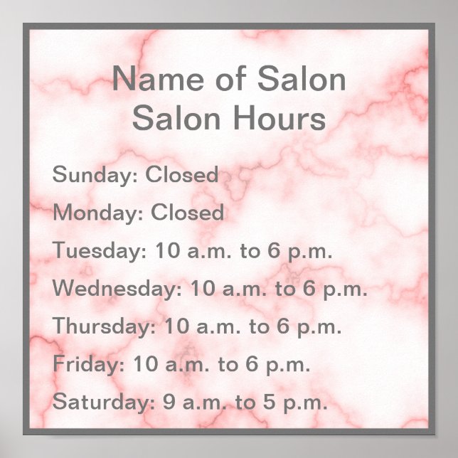 Affiche Elégant Faux en marbre rose Heures d'opération (Devant)