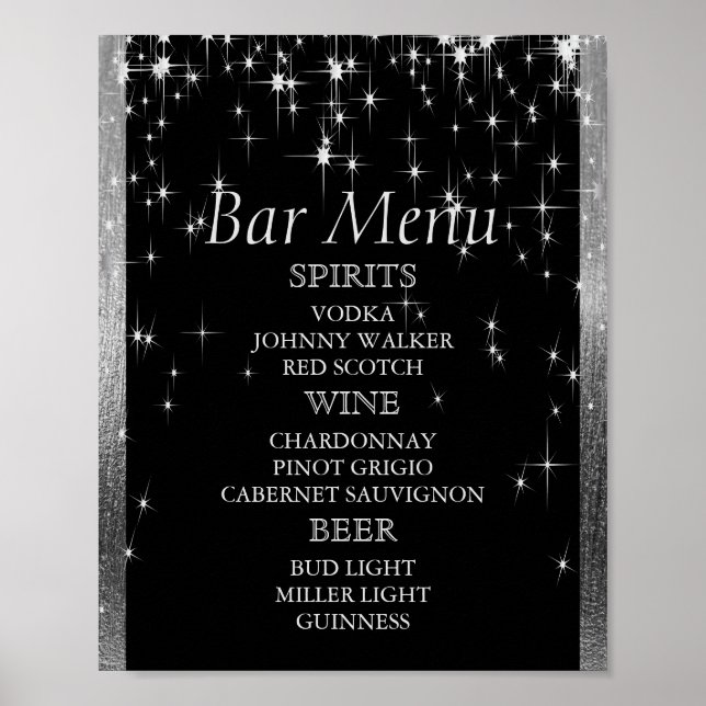 Affiche Élégant Flammes Noir et Argent - Menu Bar (Devant)