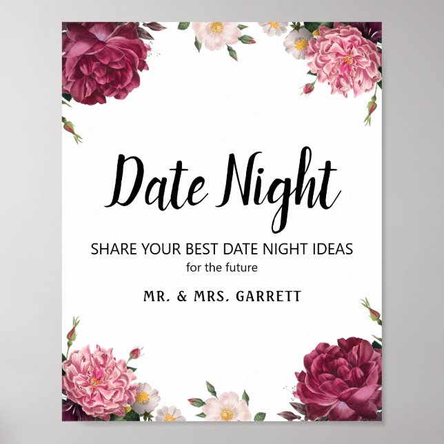 Affiche Élégant Fleurs Bourgogne et Rose  Signe de Soirée  (Devant)