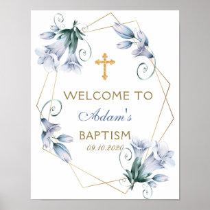 Affiche Élégant floral bleu garçon Baptême Bienvenue
