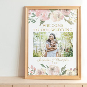 Affiche Élégant floral rose gold Photo de mariage Bienvenu