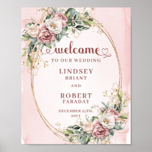 Affiche Élégant floral rose poudré eucalyptus or Bienvenue