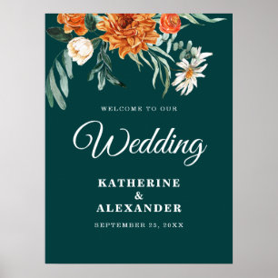 Affiche Élégant Floral Turquoise Burnt Orange Mariage de b