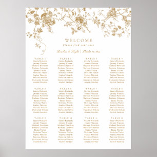 Affiche Élégant Floral Vintage Gold Mariage carte de siège