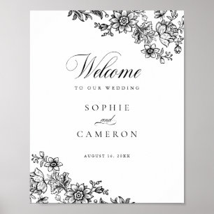 Affiche Elégant Floral Vintage noir blanc Mariage Bienvenu
