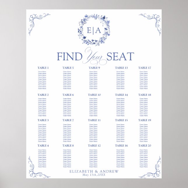 Affiche Elegant Floral Wreath Wedding Seating Chart (Devant)