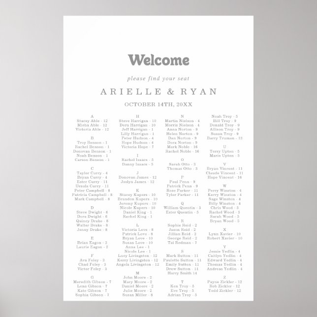 Affiche Elegant Formal Minimal Alphabetical Seating Chart (Devant)