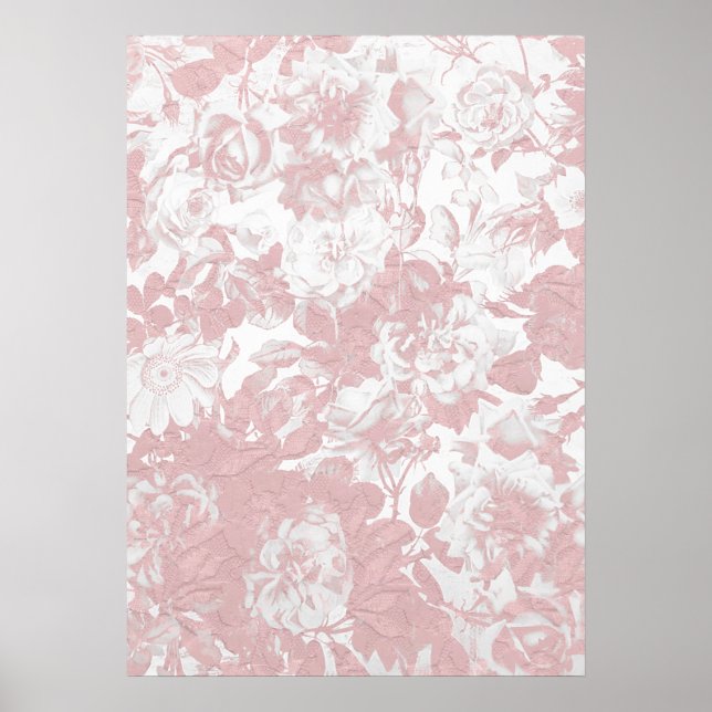 Affiche Elegant girly trendy pink coral white floral lace (Devant)