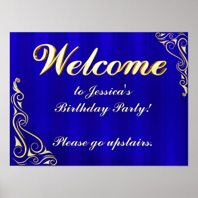 Affiche Elegant Gold and Blue Birthday Welcome Sign (Devant)