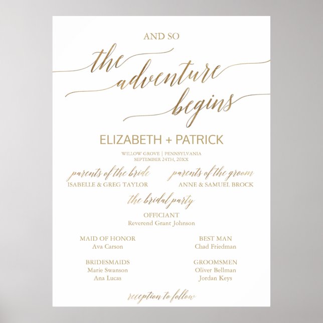 Affiche Elégant Gold Calligraphy Adventure Wedding Program (Devant)