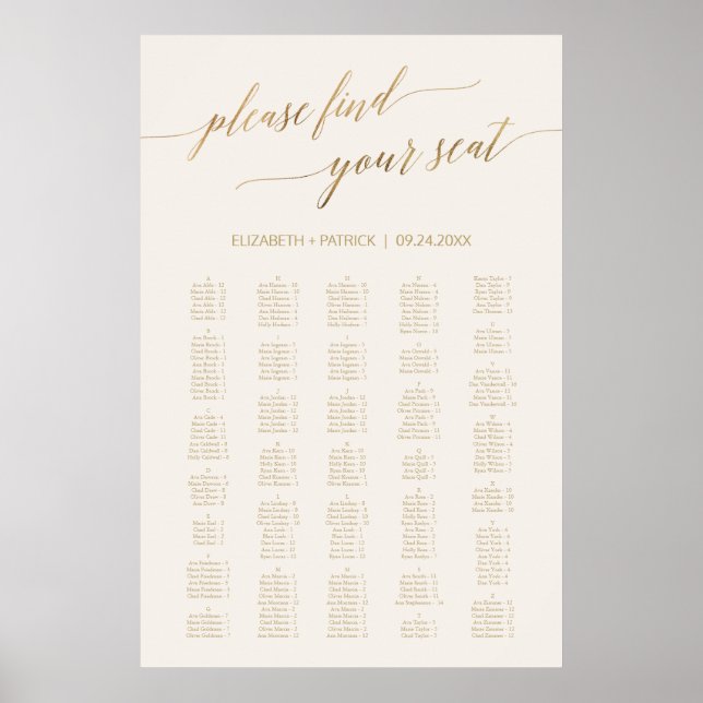 Affiche Élégant Gold Calligraphy Ivory 200+ Seating Chart (Devant)