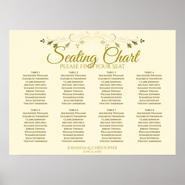 Affiche Elégant Gold & Cream 8 Table Mariage Seing Chart (Devant)
