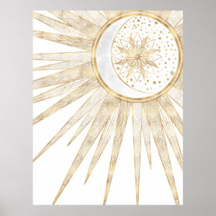 Affiche Elegant Gold Doodles Sun Moon Mandala Design