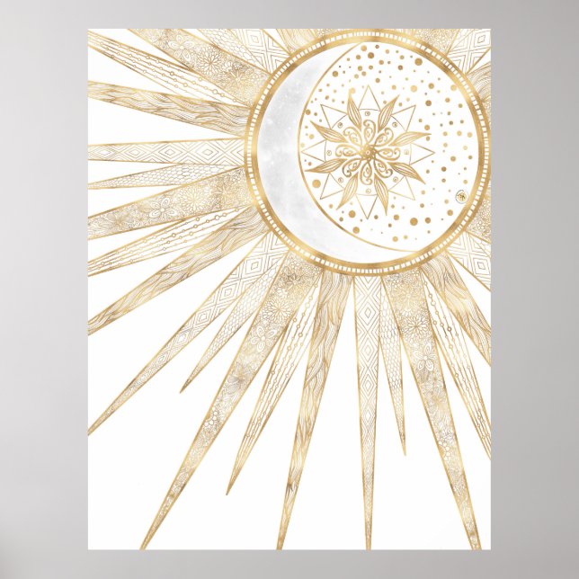 Affiche Elegant Gold Doodles Sun Moon Mandala Design (Devant)
