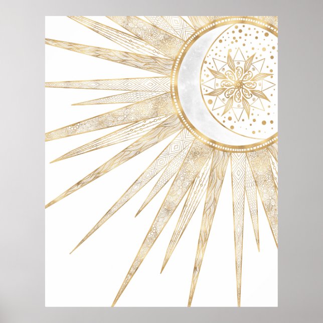 Affiche Elegant Gold Doodles Sun Moon Mandala Design (Devant)