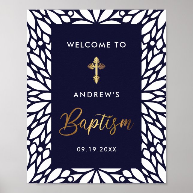 Affiche Elégant Gold Et Marine Blue Boy Baptism Bienvenue (Devant)