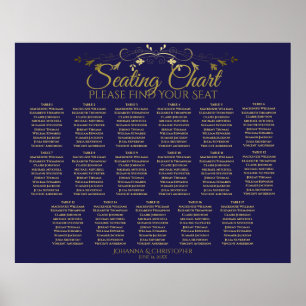 Affiche Elégant Gold & Navy 17 Table Mariage Seating Chart