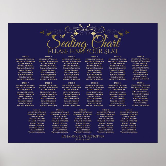 Affiche Elégant Gold & Navy 17 Table Mariage Seating Chart (Devant)