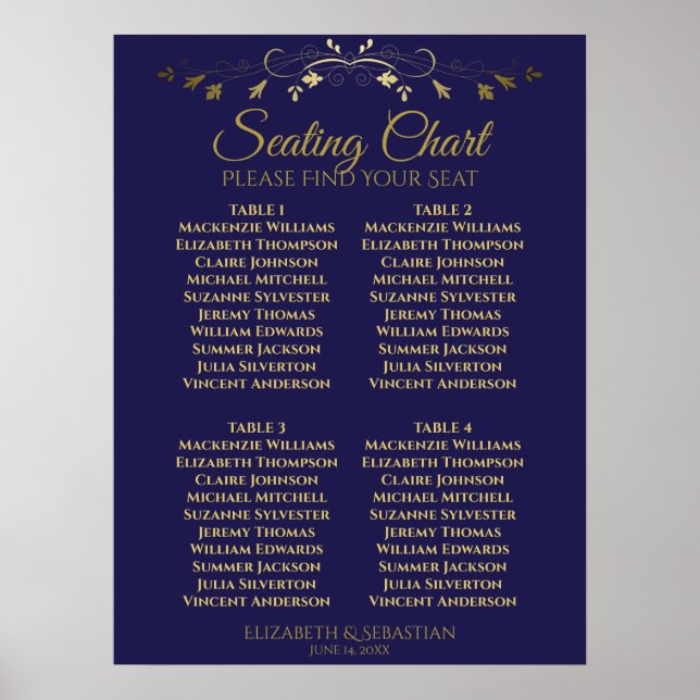 Affiche Elégant Gold & Navy 4 Mariage de table (Devant)