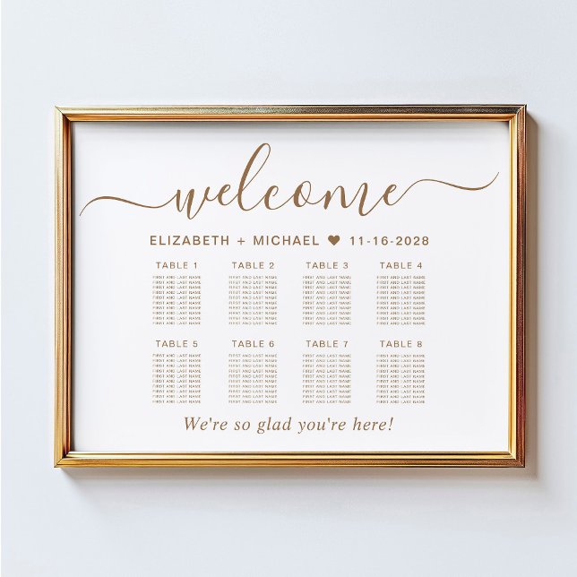 Affiche Élégant Gold Script 8 Table Mariage Seating Chart (Créateur téléchargé)