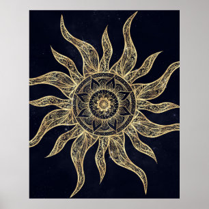 Affiche Elégant Gold Sun Mandala Blue Nebula Design