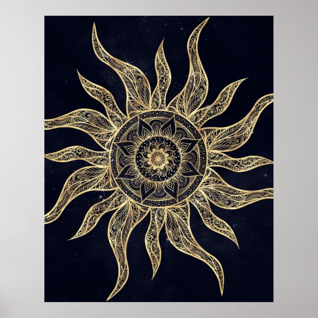 Affiche Elégant Gold Sun Mandala Blue Nebula Design (Devant)