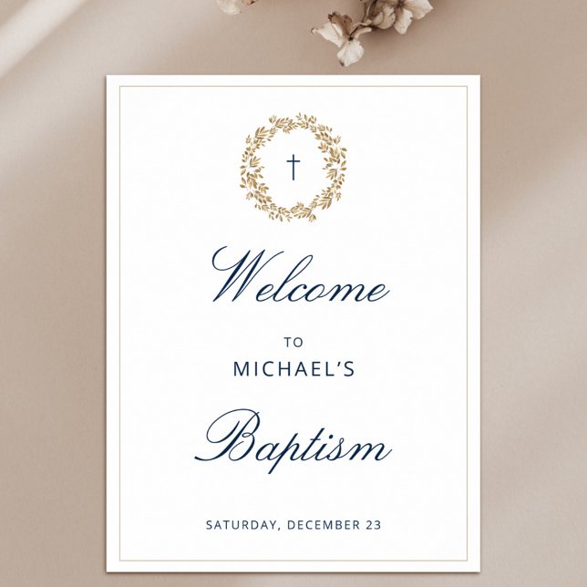 Affiche Elegant Gold Wreath Navy Cross Baptism Christening (Créateur téléchargé)