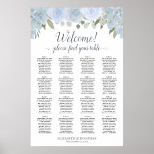 Affiche Élégant graphique de table floral bleu poussiéreux