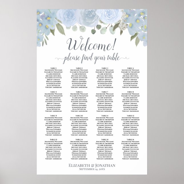 Affiche Élégant graphique de table floral bleu poussiéreux (Devant)