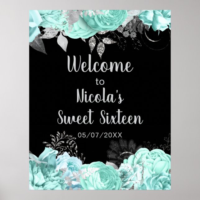 Affiche Elegant Green and Silver Flowers Sweet Sixteen (Devant)