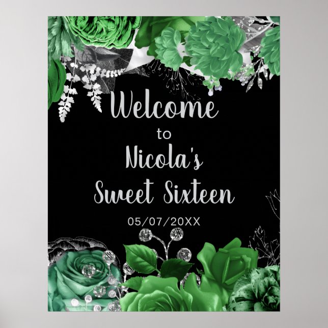 Affiche Elegant Green and Silver Flowers Sweet Sixteen  (Devant)