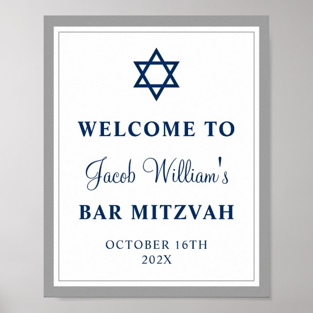 Affiche Elegant Grey et Navy Blue Bar Mitzvah Bienvenue (Devant)