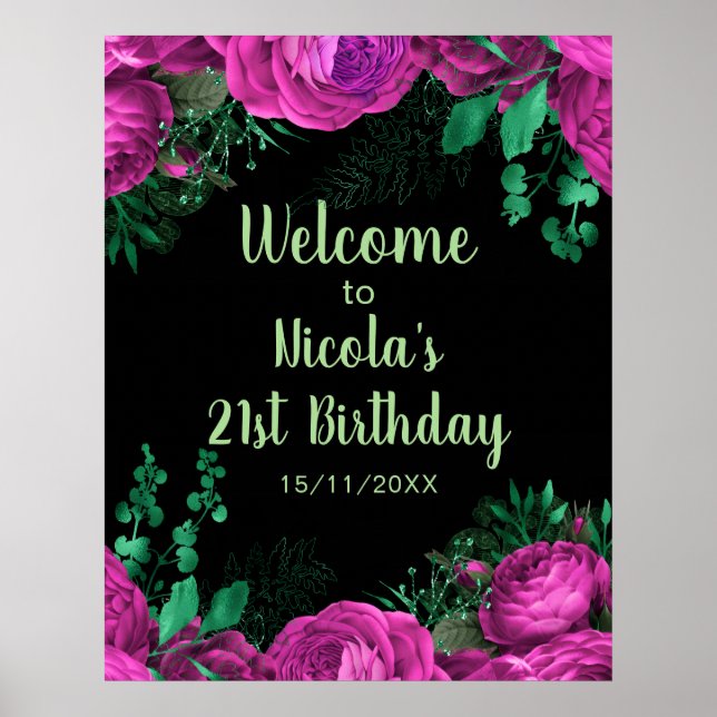 Affiche Elegant Hot Pink Flowers Birthday Party Welcome  (Devant)