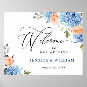 Affiche Élégant Hydrangea Bleu Roses Blush Mariage