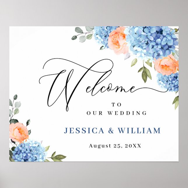 Affiche Élégant Hydrangea Bleu Roses Blush Mariage (Devant)